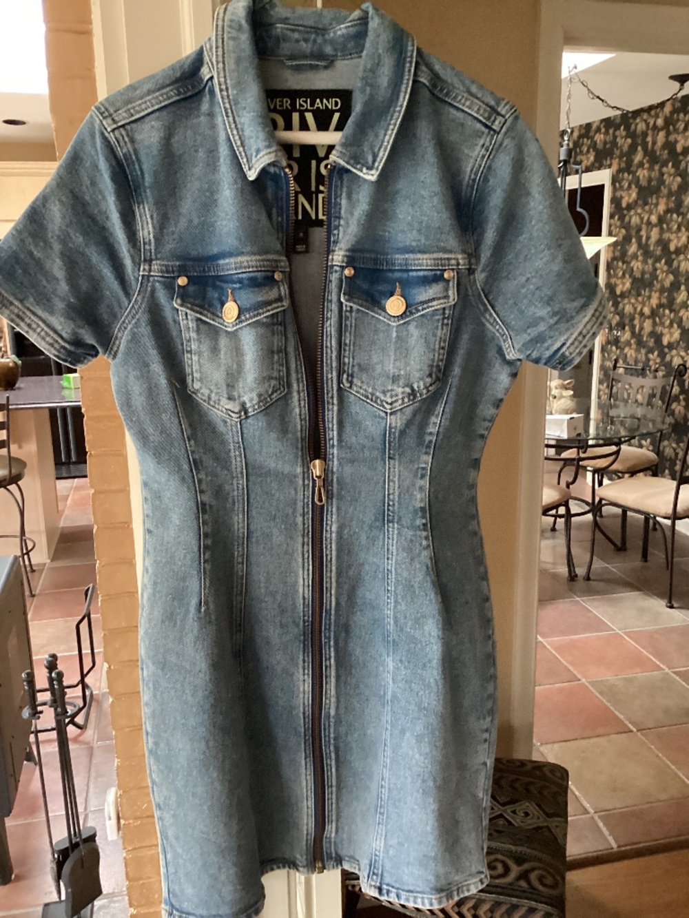 Light blue front zipper denim dress